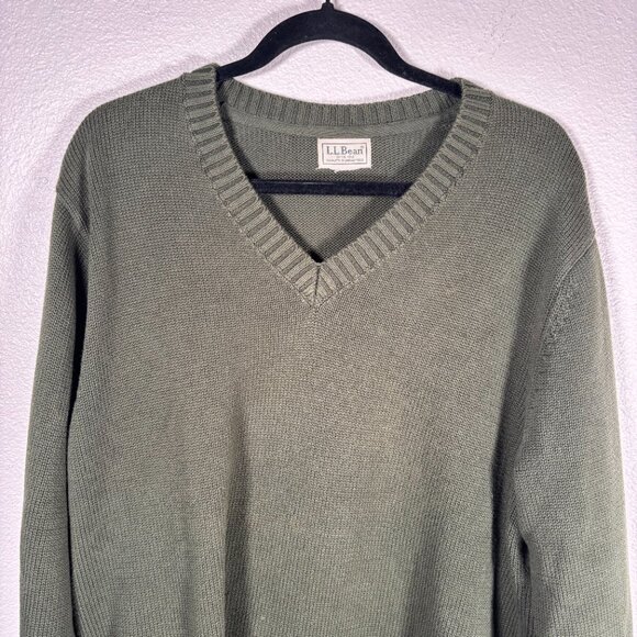 L.L. Bean Green Pullover V-Neck Long Sleeve Knit Preppy Outdoors Cotton Sweater - Picture 5 of 9